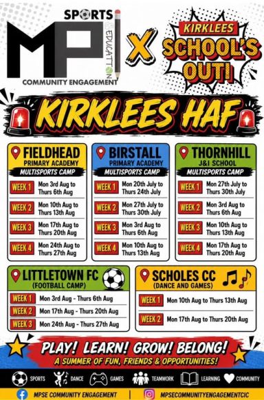 Kirklees holiday activity programme schedule with locations and activities listed.