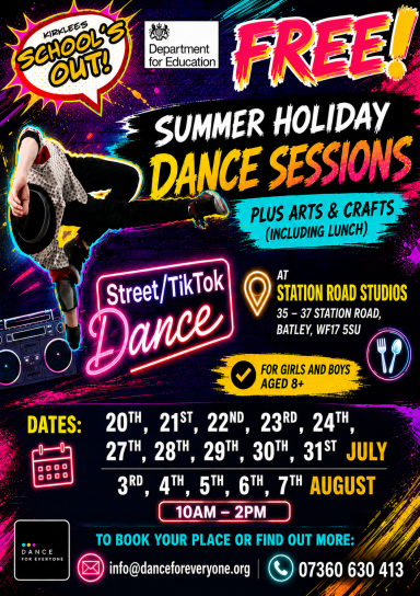 Free summer holiday dance sessions with arts and crafts, running from 20th July to 3rd August.