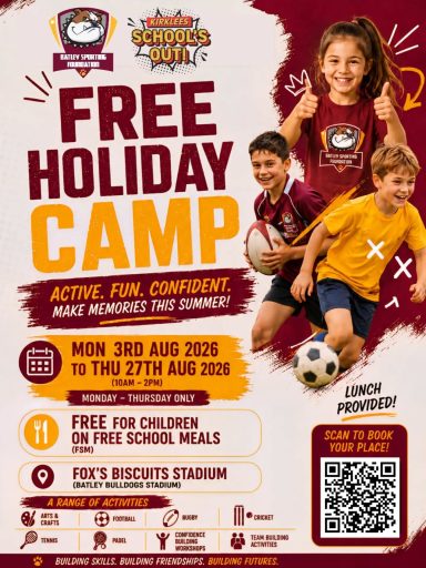 Free holiday camp poster featuring children participating in sports activities.