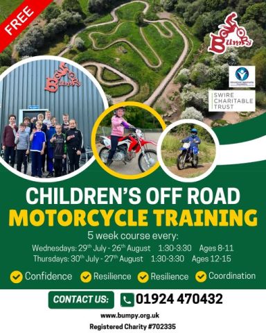 Children participating in off-road motorcycle training, with details and group photo.