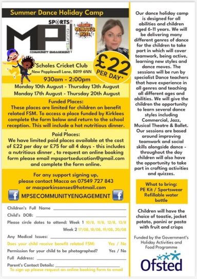 Summer activity camp flyer detailing dates, costs, and contact information.
