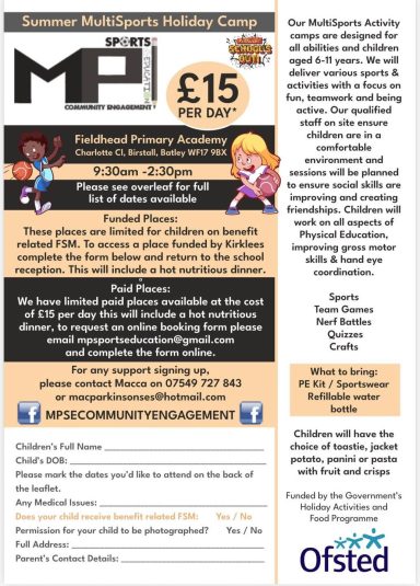 Summer activities flyer with details about a children’s holiday camp, including prices and contact info.