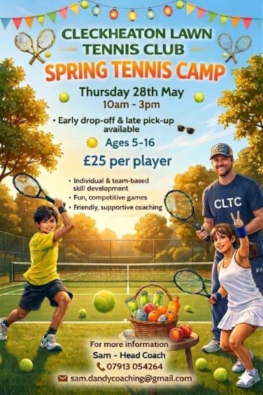 Spring Tennis Camp poster for Cleckheaton Lawn Tennis Club, featuring kids, tennis gear, and event details.