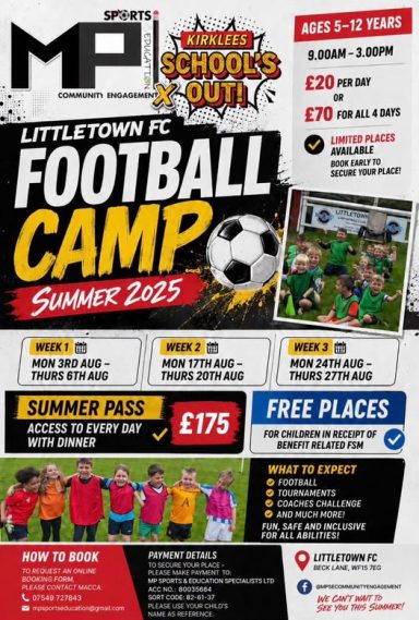 Flyer for a children's football camp, featuring details, pricing, and images of kids playing.