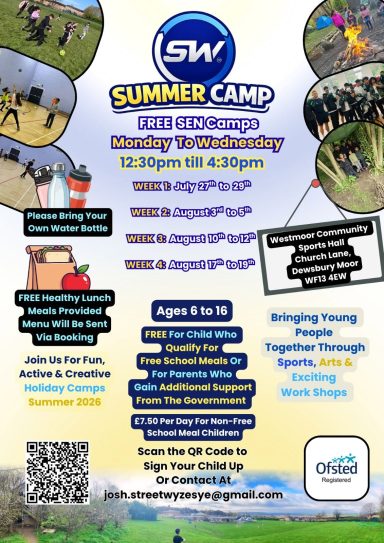Promotional flyer for a summer camp with details on activities, age groups, and registration.
