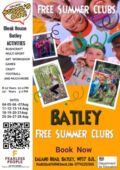 Promotional flyer for free summer clubs in Batley, featuring activities and photos.