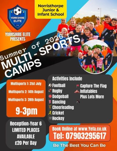 Summer multi-sports camp with activities like football, rugby, and cricket from 9am to 3pm.