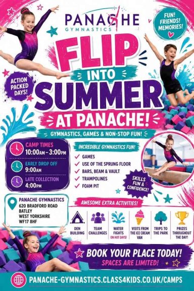 Promotional poster for a gymnastics event at Panache, featuring details and vibrant graphics.
