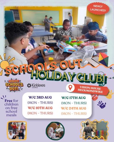 Children engaged in fun activities at a holiday club, with a schedule displayed.