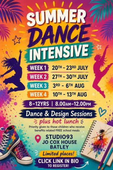 Vibrant poster for a Summer Dance Intensive event with dates and details.