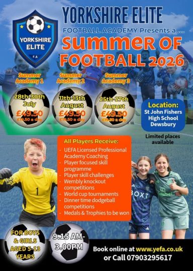 Promotional poster for Yorkshire Elite Summer Football 2026 with children and footballs.