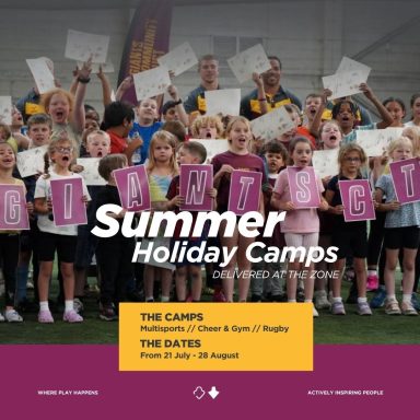 Children posing excitedly with signs for summer holiday camps, featuring dates and activities.