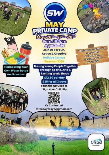 Promotional flyer for May Private Camp with activities and contact details.