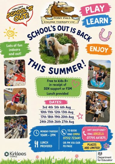 Event flyer for "School's Out" summer activities featuring a pony and various fun activities.