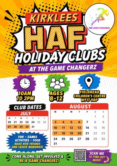 Kirklees HAF Holiday Clubs schedule for ages 5-12 at The Game Changerz, July and August dates.