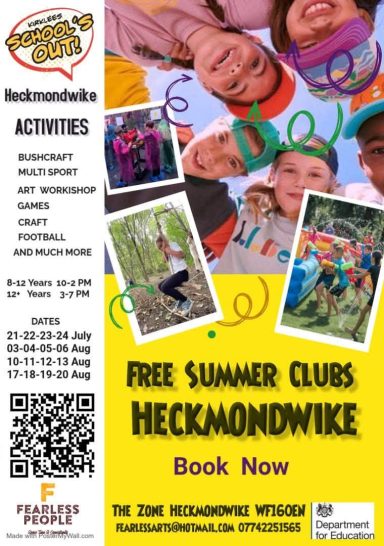 Promotional flyer for free summer clubs in Heckmondwike with activities and booking details.