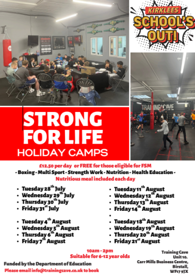 Holiday camp schedule with activities listed, including fitness, art, and sports.